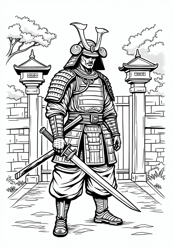 Samurai standing guard at castle gates coloring page