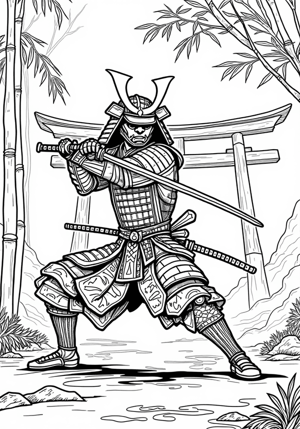 Samurai training with wooden swords coloring page