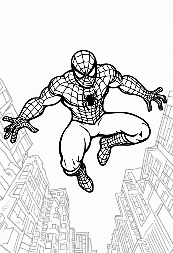 Spiderman leaping through the city coloring page