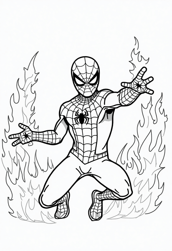 Spiderman rescuing people from fire coloring page