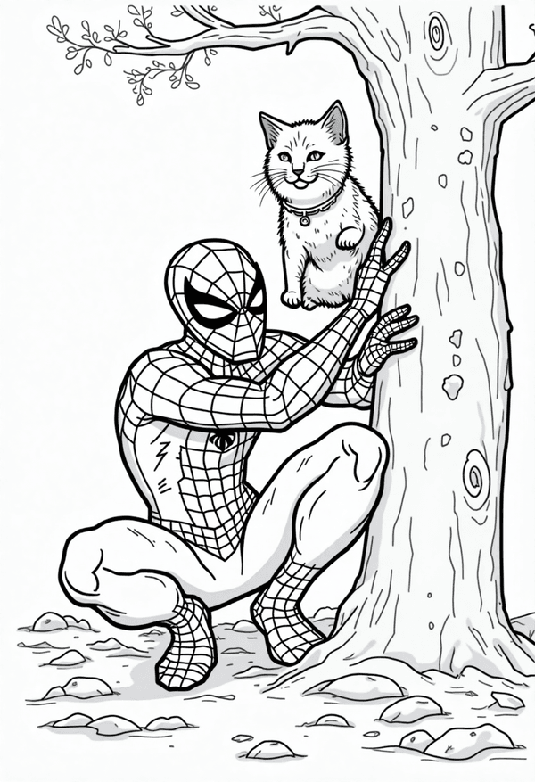 Spiderman saving a cat from a tree coloring page