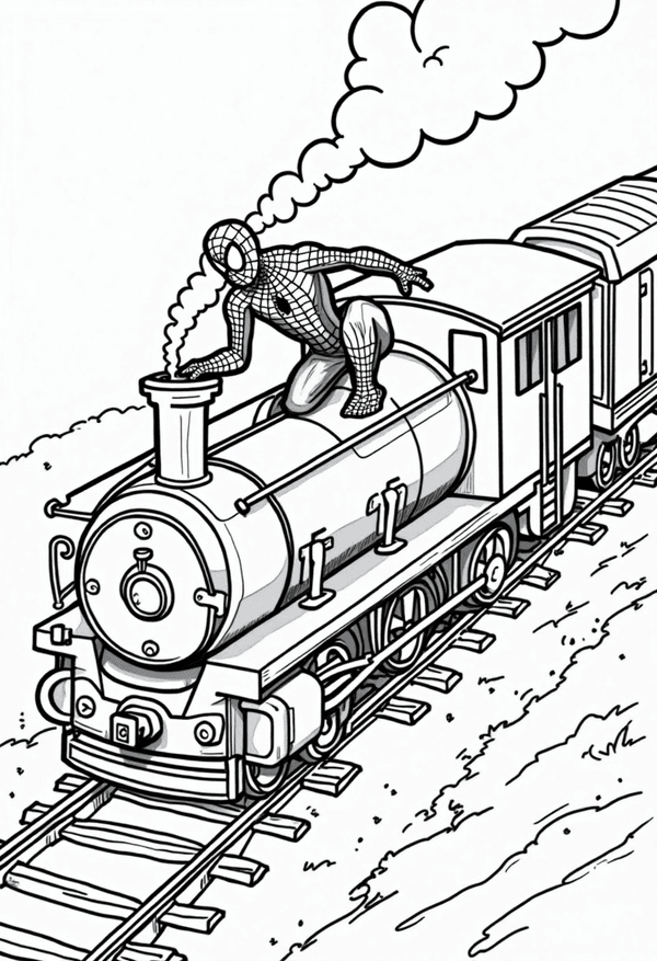 Spiderman stopping a runaway train coloring page
