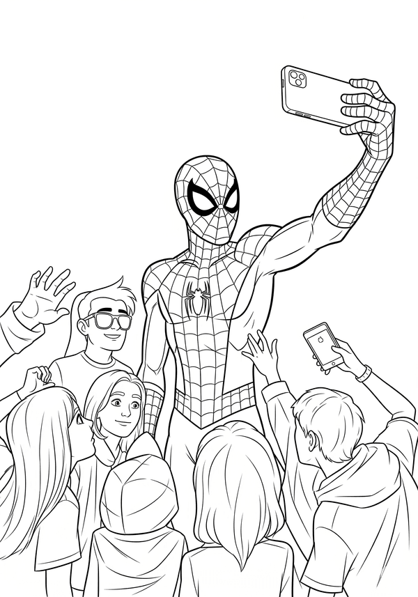 Spiderman taking a selfie with fans coloring page