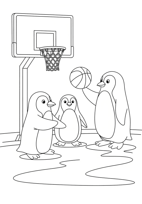 Penguins playing basketball on ice coloring page