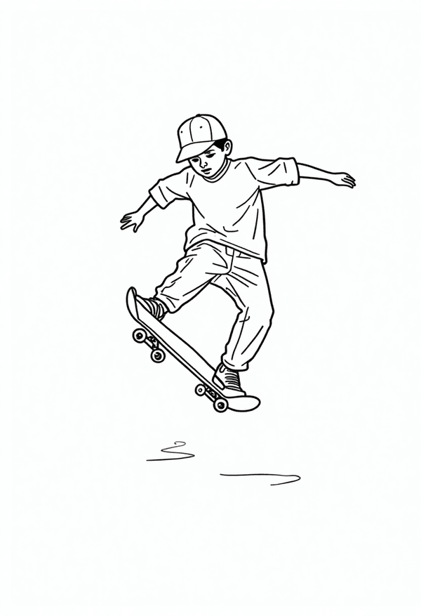 Skateboarder doing a kickflip trick coloring page
