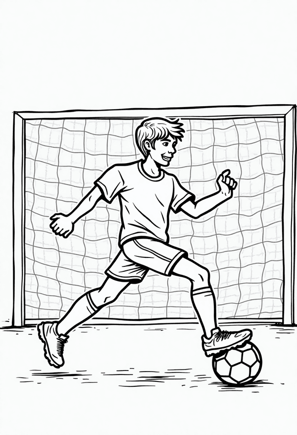 Soccer player scoring a goal coloring page