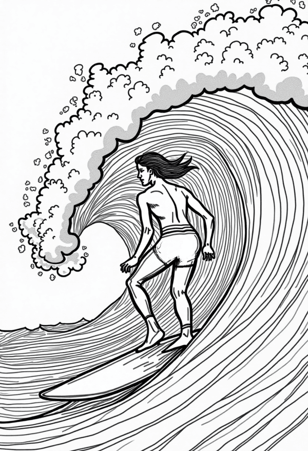 Surfer riding a giant wave coloring page