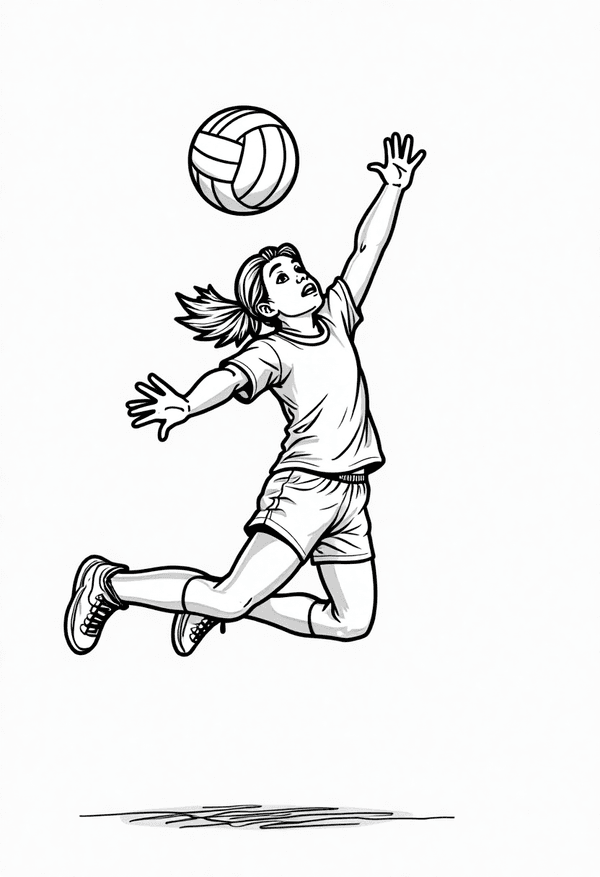 Volleyball player jumping to spike coloring page