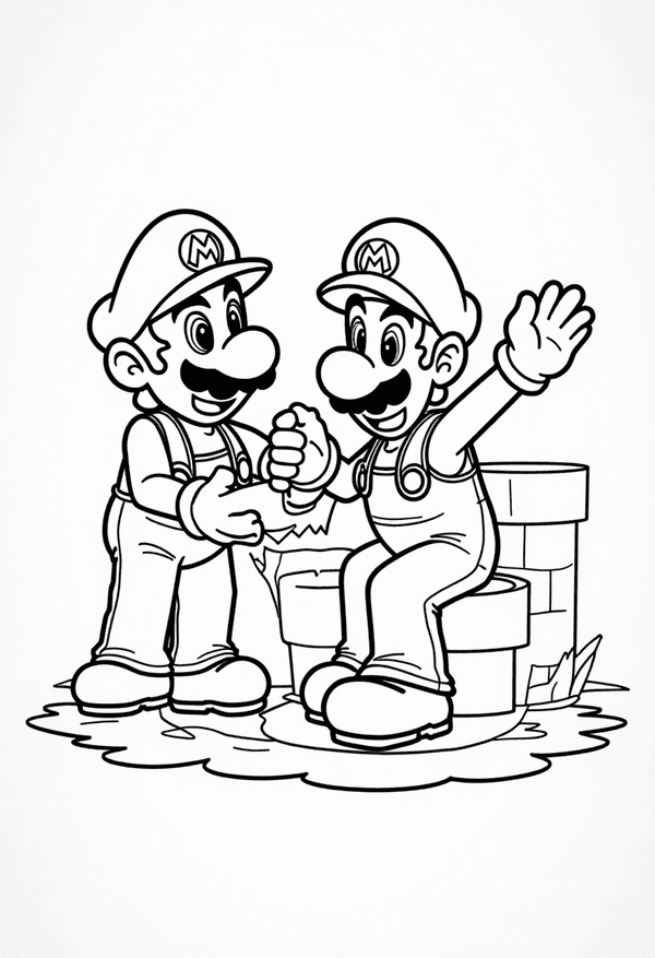 Mario and Luigi fixing pipes coloring page