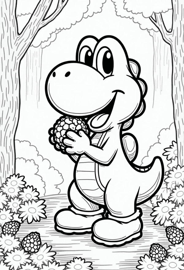 Yoshi eating a berry in the forest coloring page