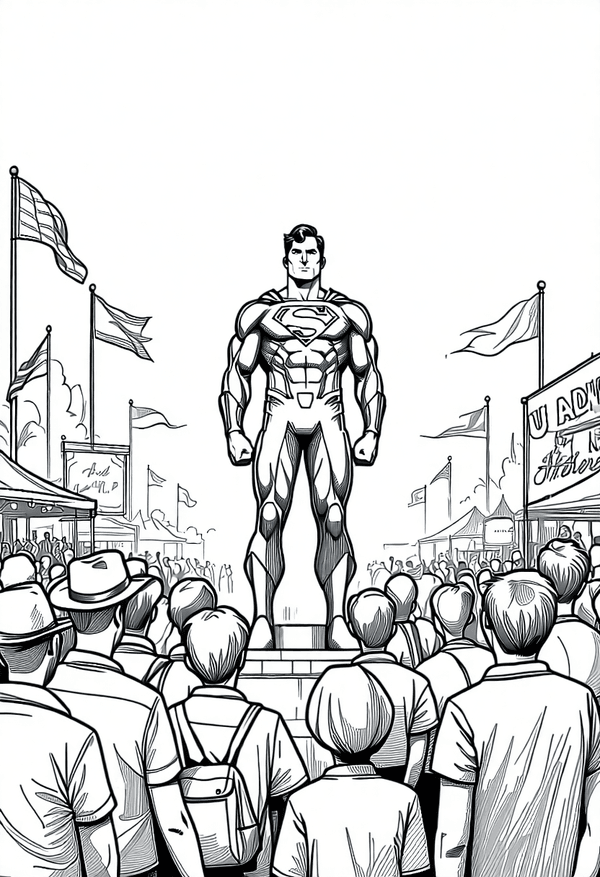 Superman above the crowd at a fair coloring page