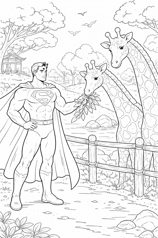 Superman at the zoo feeding giraffes coloring page