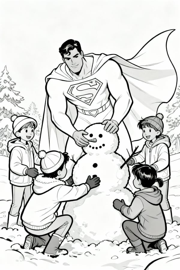 Superman building a snowman with kids coloring page