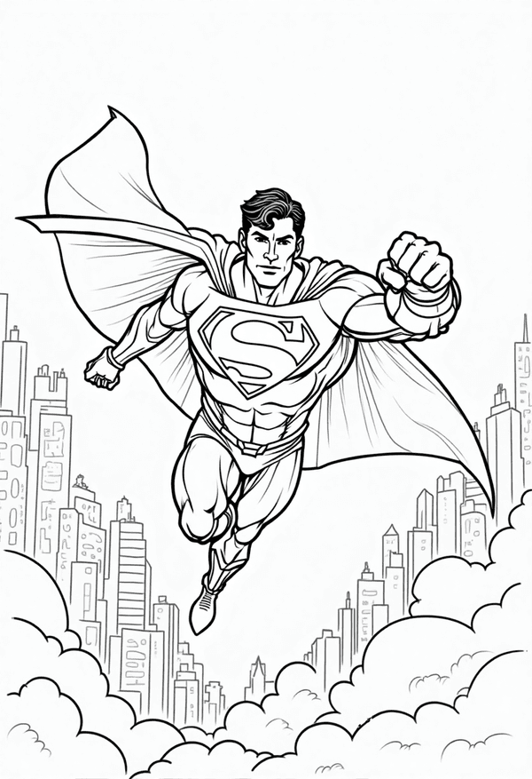 Superman flying over Metropolis coloring page