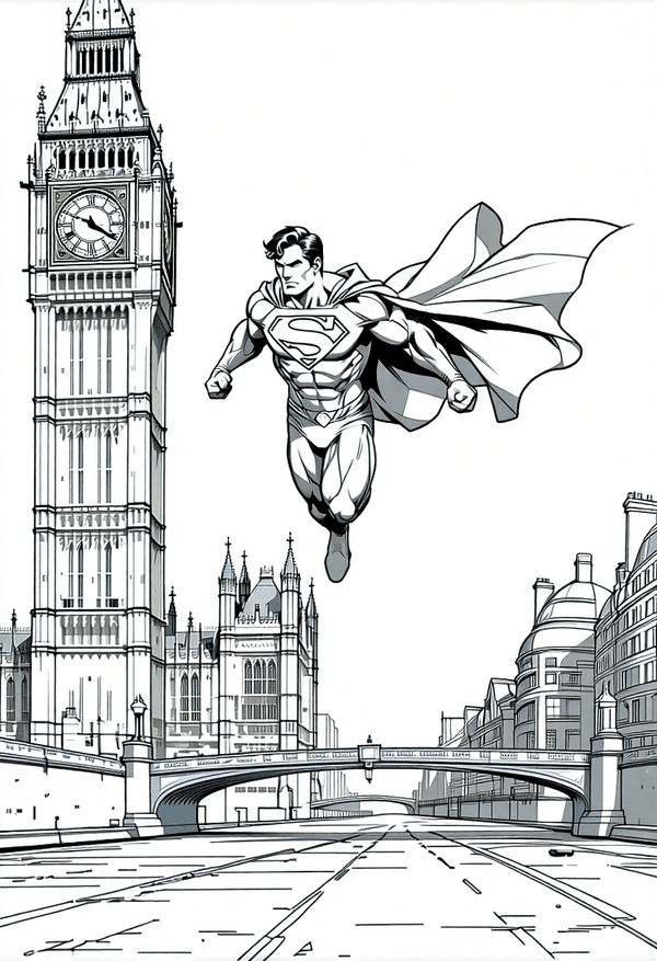 Superman flying above London coloring page