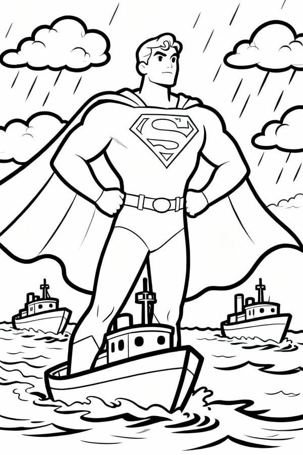 Superman guiding ships through a storm coloring page