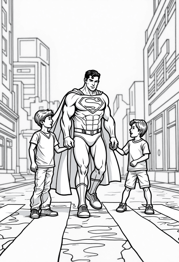 Superman helping kids cross the street coloring page