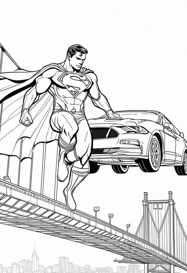 Superman lifting a car on a bridge coloring page