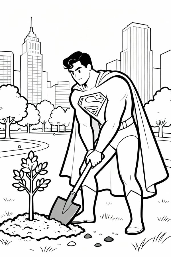 Superman planting trees in a city park coloring page