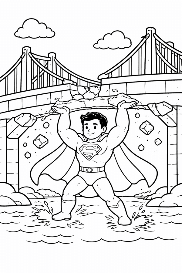 Superman preventing a bridge collapse coloring page