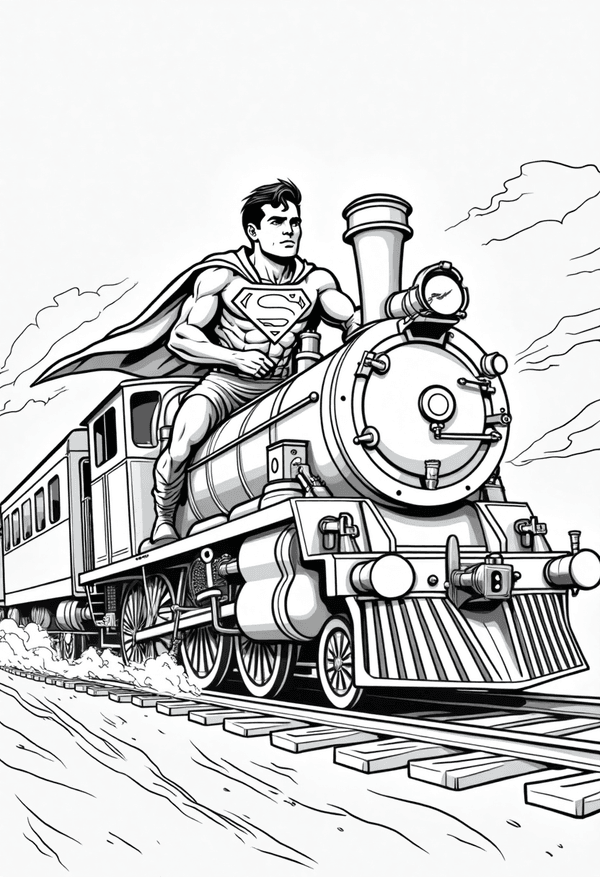 Superman racing a speeding train coloring page