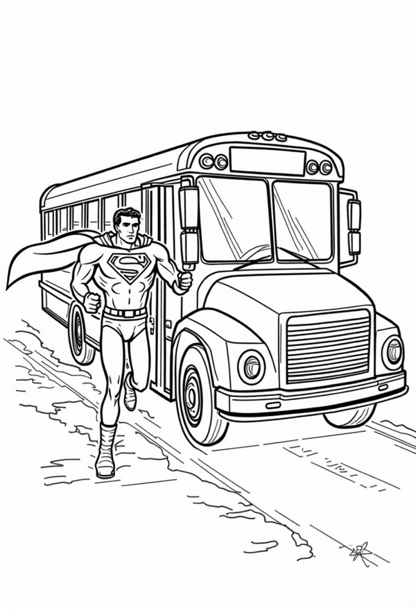 Superman saving a school bus coloring page