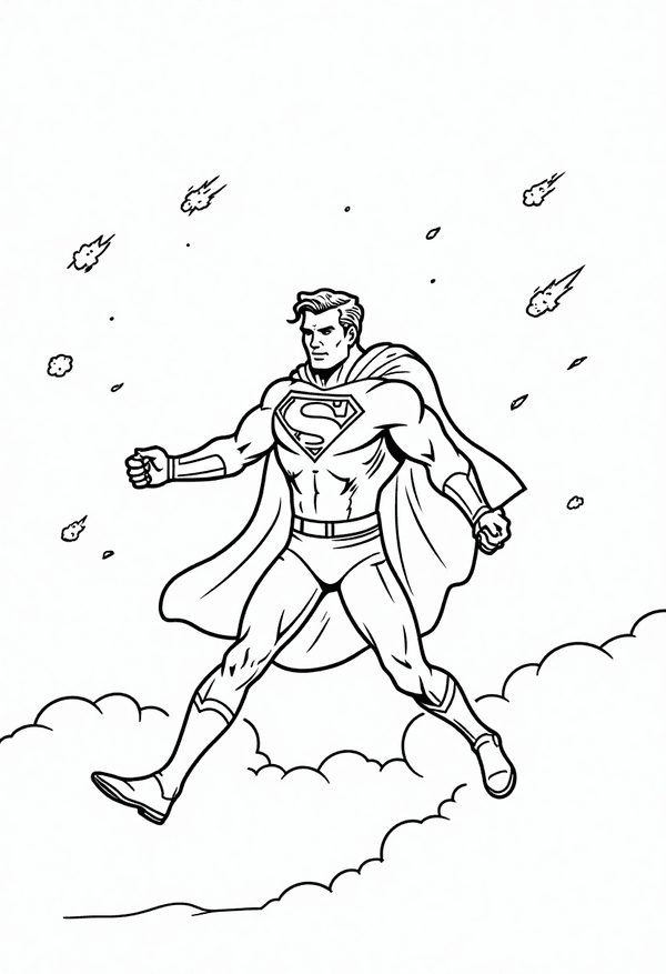 Superman stopping meteors in space coloring page