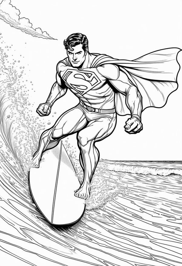 Superman surfing at the beach coloring page
