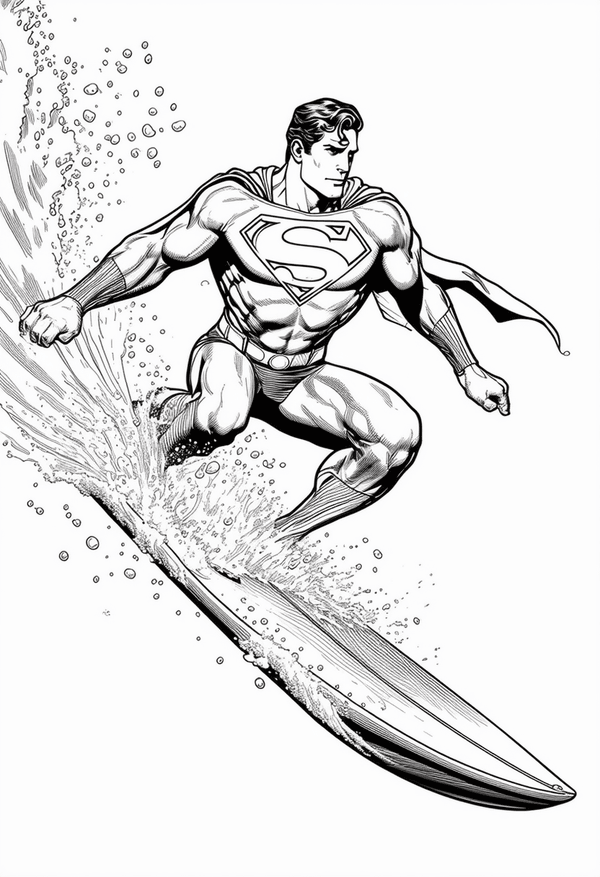 Superman surfing the ocean waves coloring page
