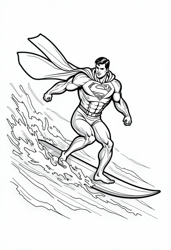 Superman surfing the ocean winds coloring page