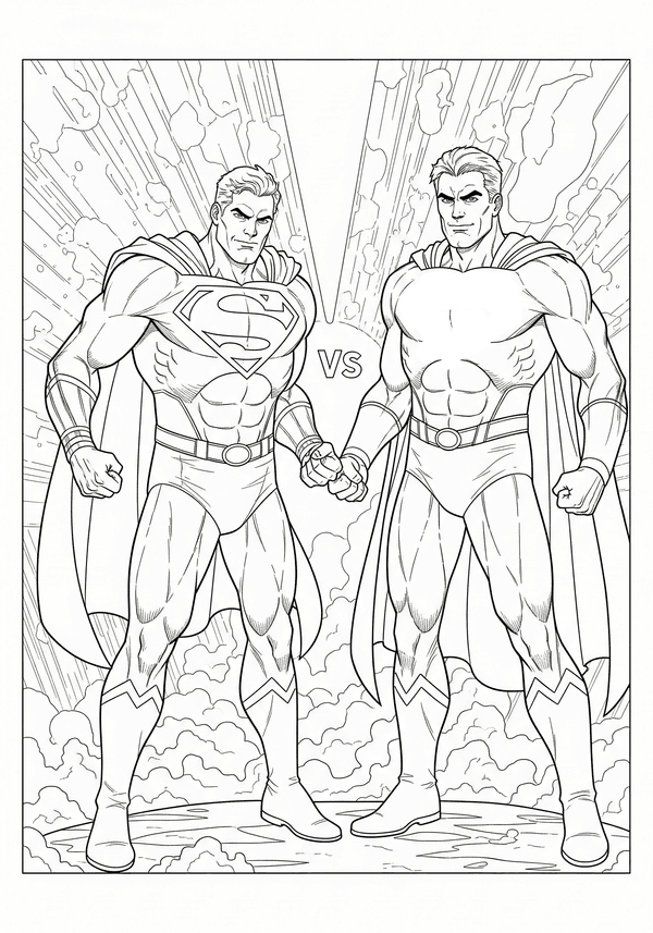 Superman vs Lex Luthor in a warzone coloring page