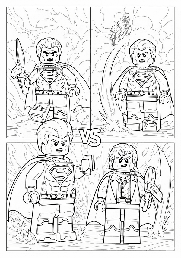 Superman vs Lex Luthor in a warzone coloring page