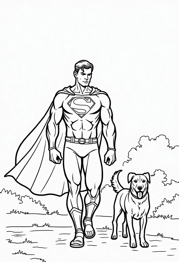 Superman walking a dog in the park coloring page