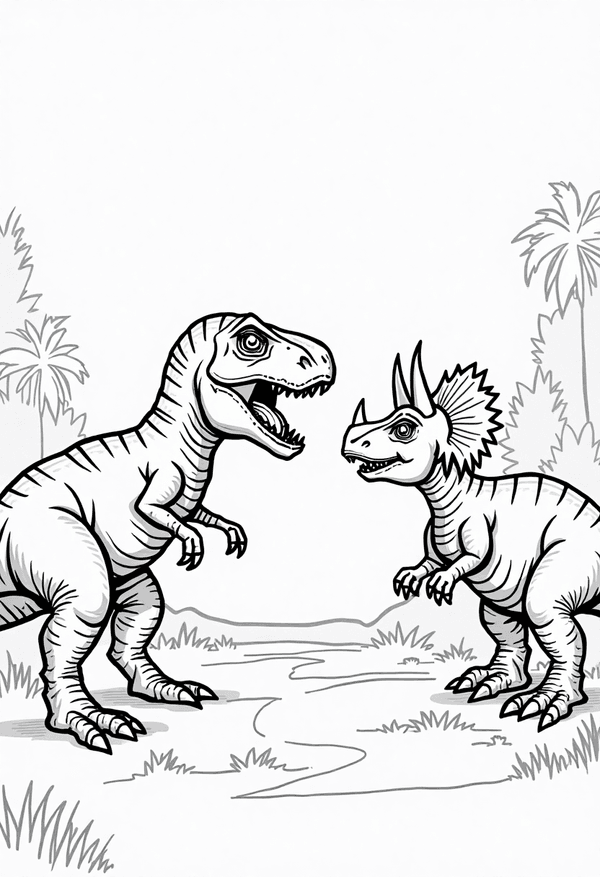 T-Rex and Triceratops face off coloring page