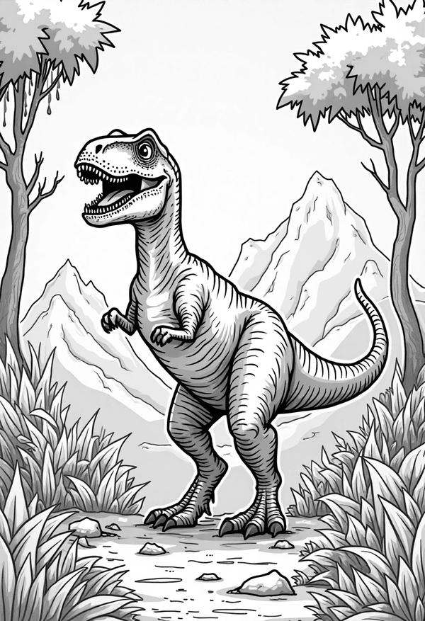 T-Rex exploring a misty valley coloring page