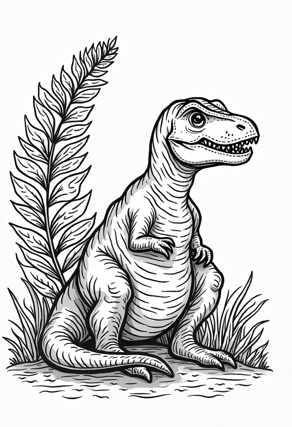 T-Rex resting under a tall fern coloring page