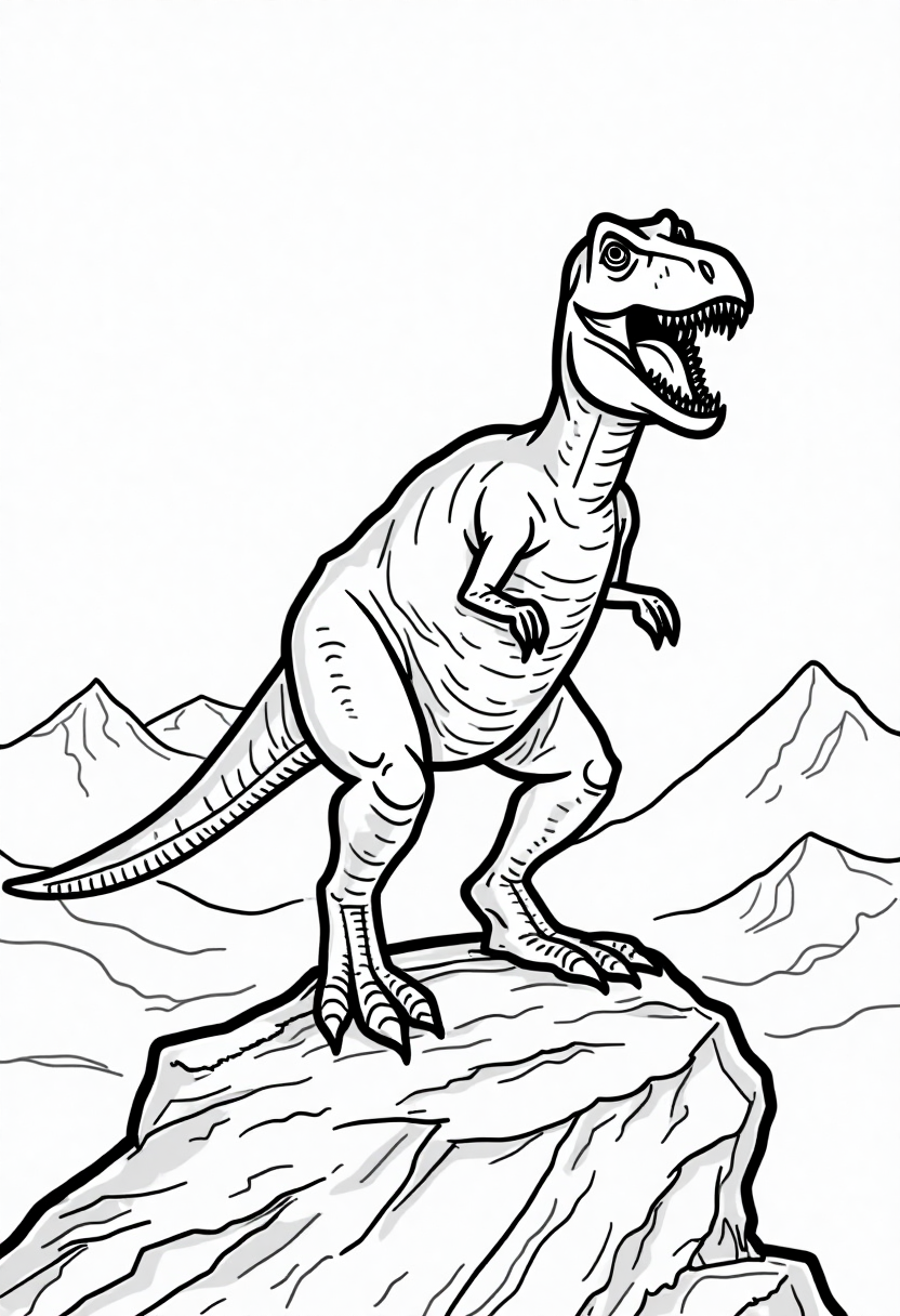 T-Rex standing on rocky cliffs coloring page