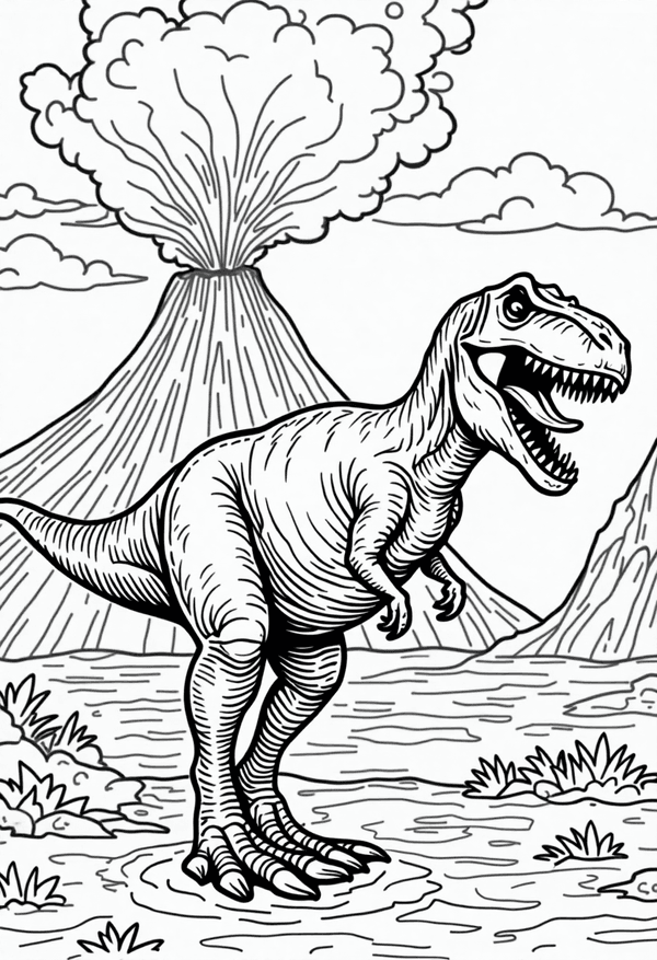 T-Rex walking under a volcano erupting coloring page