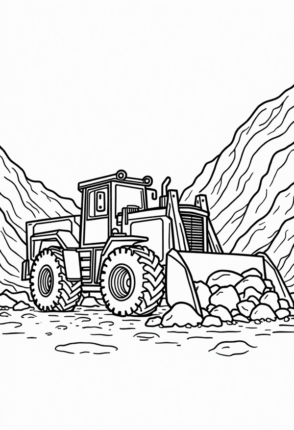 Bulldozer moving rocks at a quarry coloring page