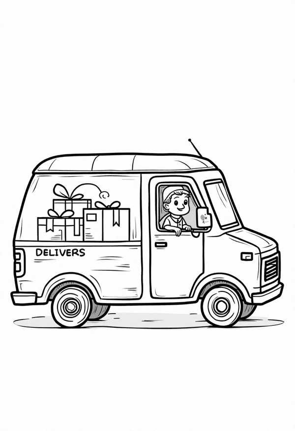 Delivery van bringing packages home coloring page