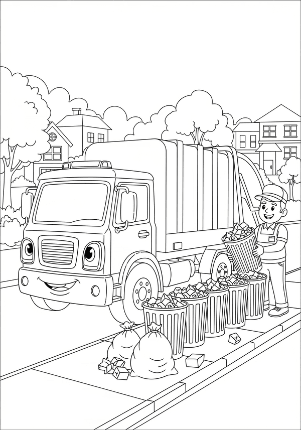 Garbage truck collecting trash coloring page