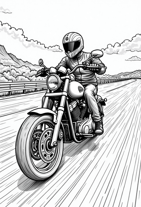 Motorcycle cruising down the highway coloring page
