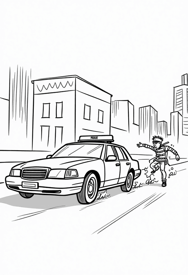 Police car chasing thieves in the city coloring page
