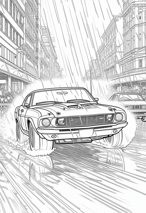 Racing through rainy streets coloring page
