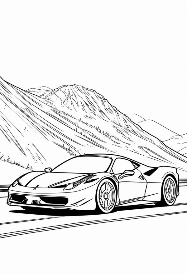 Sports cars racing in the mountains coloring page