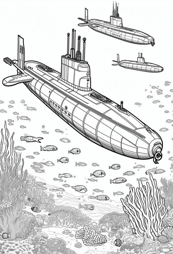 Submarines exploring ocean depths coloring page