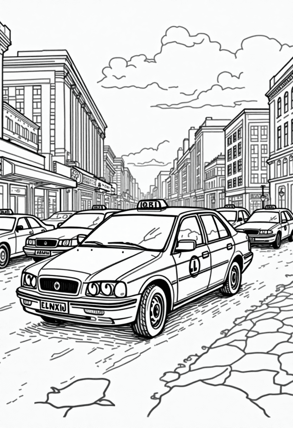 Taxi cab waiting in traffic coloring page