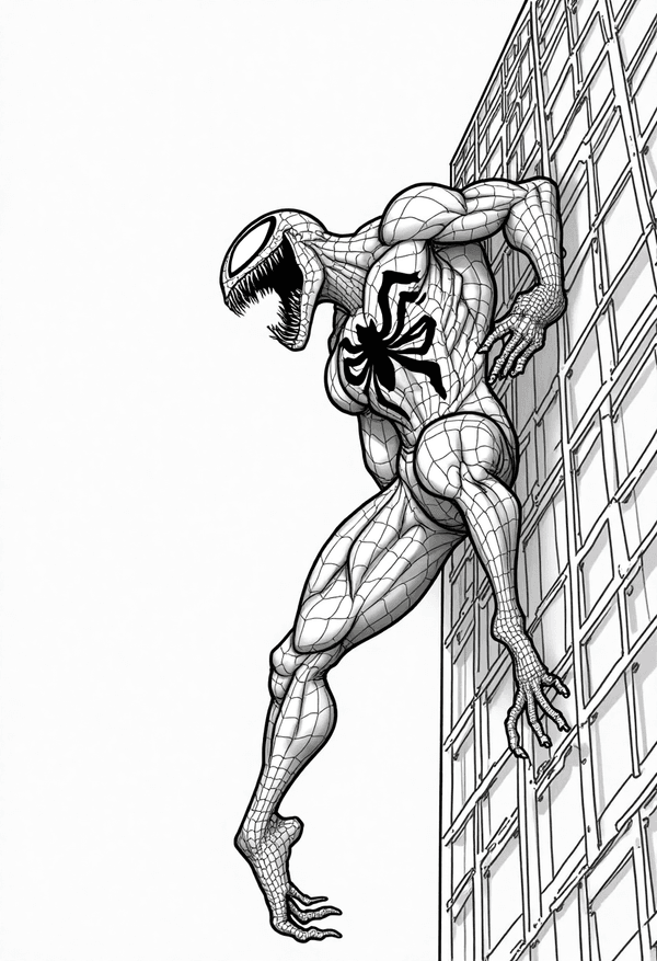 Venom crawling up a skyscraper coloring page