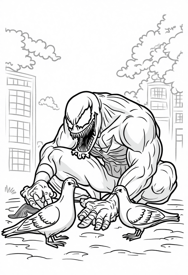 Venom feeding pigeons in the park coloring page