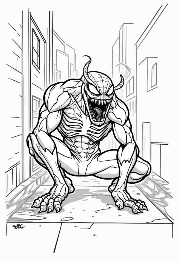 Venom hiding in a dark alley coloring page